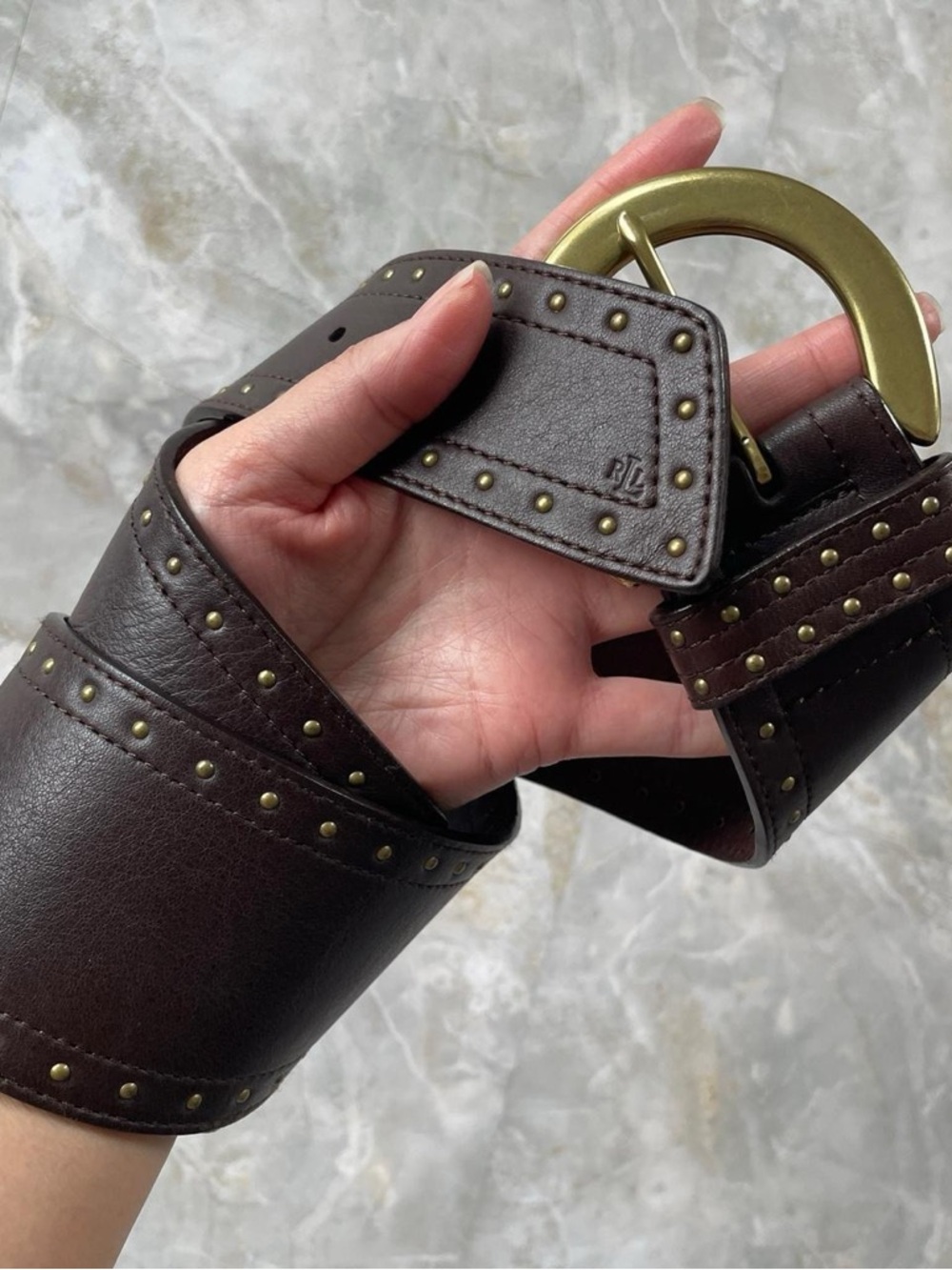 2000s Lauren Ralph Lauren Brown Leather Studded Wide Belt with Brass Buckle
